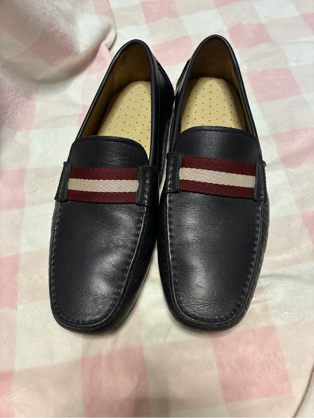 Bally Black Leather Loafers with Burgundy & Cream Stripe